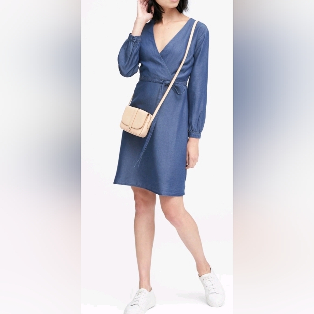 Blue Chambray Wrap Dress With Shoulder Pads